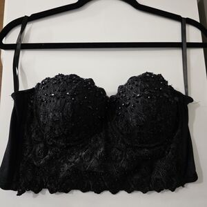 Strapless Black Lace Beaded Bandeau Bra